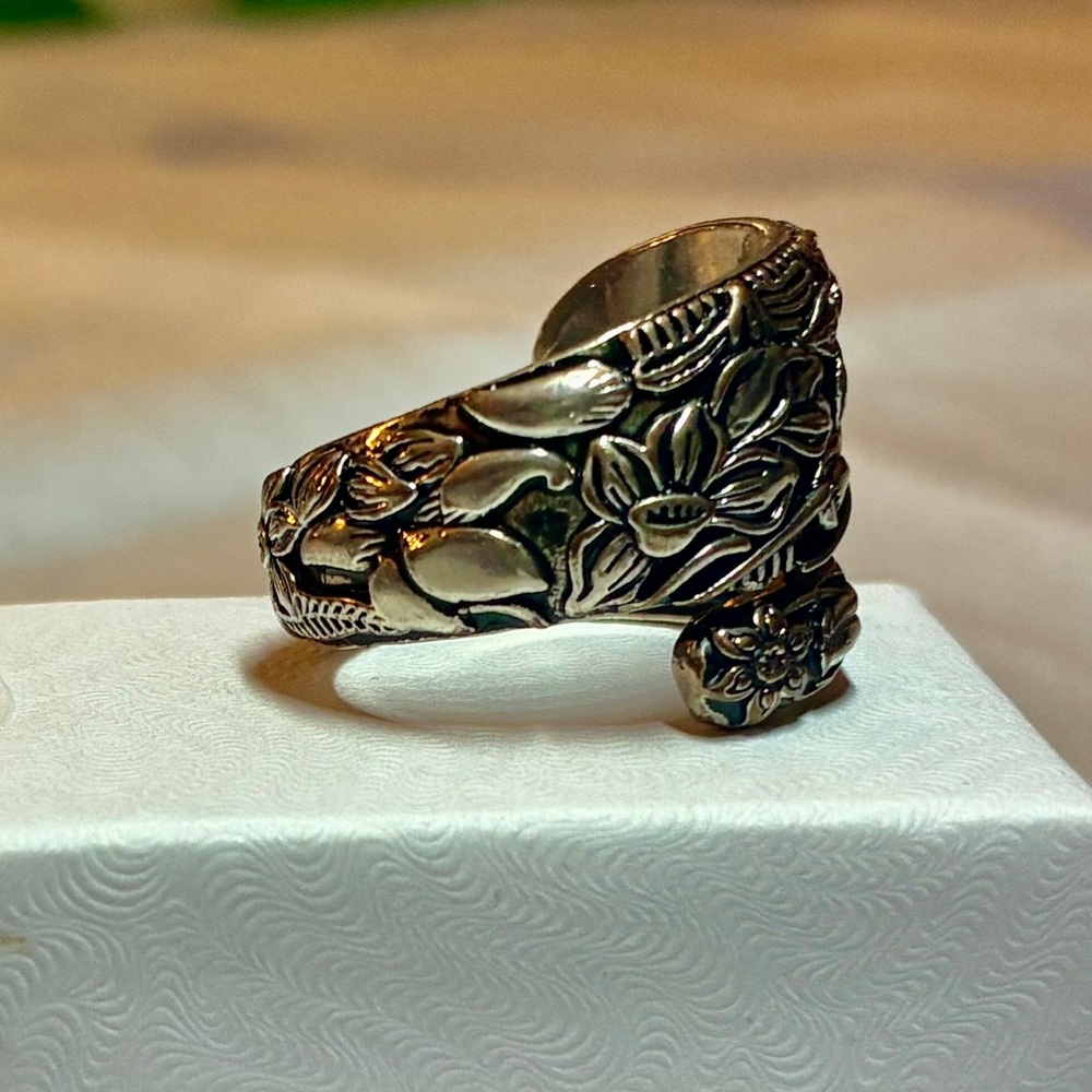Floral Engraved Spoon Ring - Women's Statement Band in 9.25 Sterling Silver - Picture 12 of 15